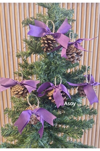 asöy Коледна украса за елха от шишарка, 6 части, украсена с лилава панделка