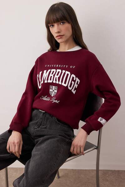 Trendyol Collection Burgundy Slogan Printed Crew Neck Relaxed Knitted Sweatshirt Twoaw26Sw00220