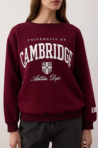 Trendyol Collection Burgundy Slogan Printed Crew Neck Relaxed Knitted Sweatshirt Twoaw26Sw00220