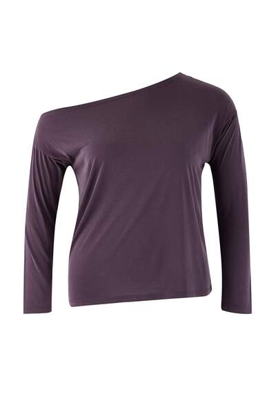 Trendyol Curve Μπλούζα από ύφασμα Plum Modal με λαιμόκοψη καγιάκ, χαλαρή/άνετη εφαρμογή, πλεκτή μπλούζα μεγάλου μεγέθους TBBAW25AF00044