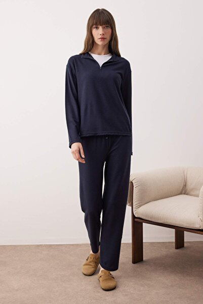 Trendyol Collection Navy Blue Zippered Soft Winter Waffle Knitted Pajama Set Thmaw26Pt00186