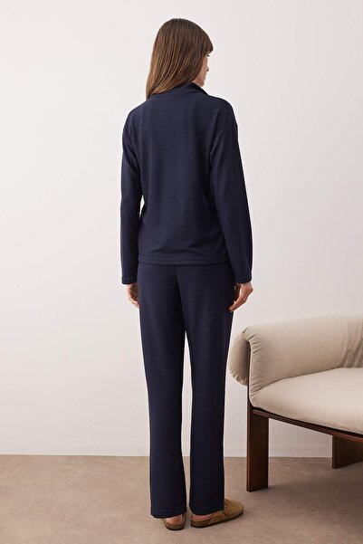 Trendyol Collection Set de pijamale tricotate cu fermoar, albastru bleumarin, moale, iarnă, THMAW26PT00186