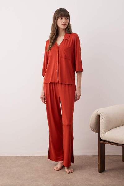 Trendyol Collection Tile Shirt Collar Pocket and Slit Viscose Knitted Pajama Set Thmaw26Pt00184
