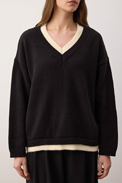 Trendyol Collection Black V-Neck Wide Fit Color Block Knitwear Sweater Twoaw26Kz00269