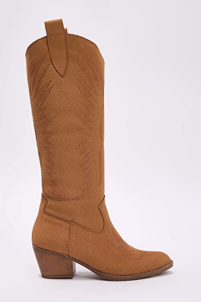 TRENDYOL SHOES Відкриті коричневі вишиті блокові підбори замшеві жіночі ковбойські чоботи TAKAW25CZ00016