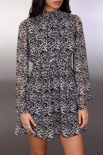 Trendyol Collection Black Geometric Pattern Skirt Open Waist Chiffon Short / Mini Woven Dress Twoaw26El00300