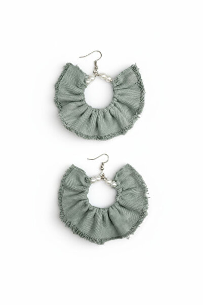 maia Women's Silver Color Hoop Dangle Earrings – Green Denim Fabric Design wi...
