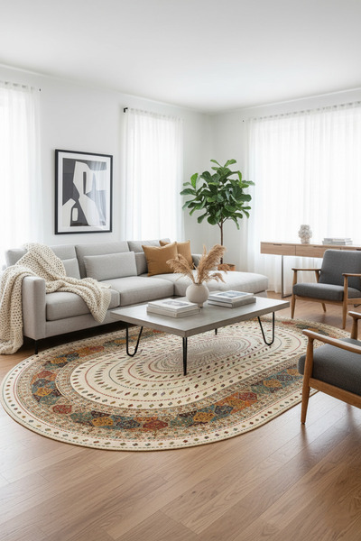 Roslyn Home Oval Etnik Desen Kaymaz Taban Makinede Yıkanabilir Kadife Kumaş Süngerli Dot Taban Antre Halısı