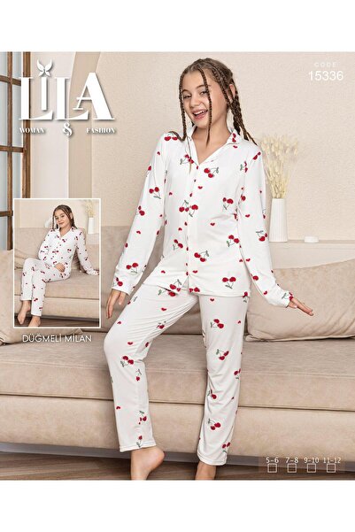 Lila Set de pijamale pentru fetiță, cu nasturi, din țesătură Milan, cu guler, cu model cireș