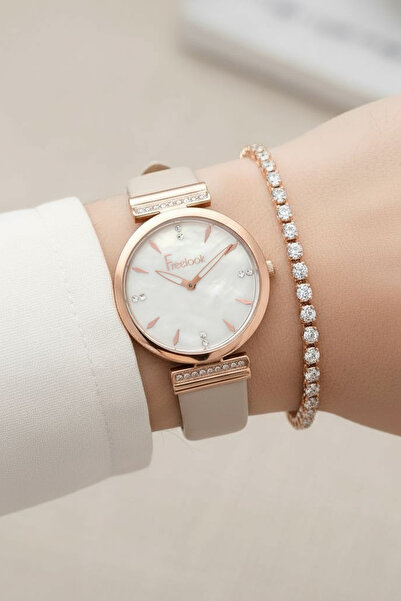 Freelook Kadranlı Krem Deri Kayışlı Kadın Kol Saati + Bileklik Hediyeli