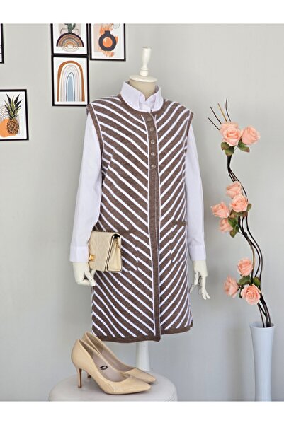 ENDAMIM Long Wool Knitwear Front 3 Buttons Striped Plus Size Knitwear Vest