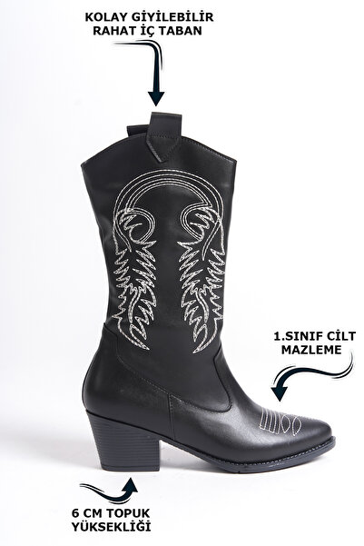Limeo El Yapımı Siyah Sivri Burunlu Topuklu Beyaz Nakışlı Desen Detaylı Cilt Kadın Fermuarlı Kovboy Çizme