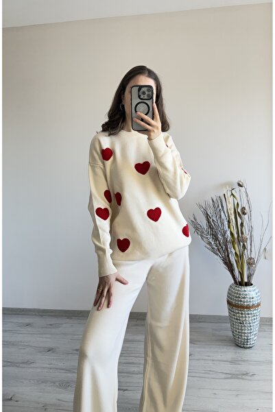 Aspendia طقم تريكو مزدوج كريمي اللون بنمط قلب للنساء مقاس قياسي