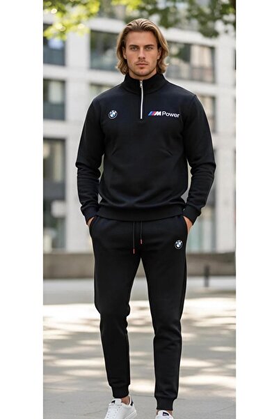 NewCabin Poloviční zip Bmw Potištěná bavlna Černá Teplák-bavlna Černá sada tepláků, nahoře a dole, 2dílná