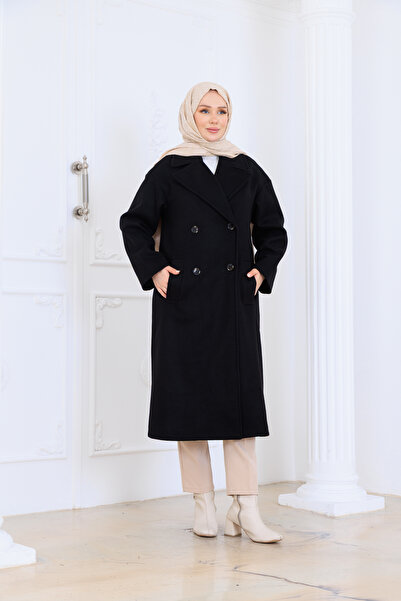 Eliva Women's Black Stylish Elegant Thick Imported Cashmere Trench Coat Top Coat Double-Breasted Overcoat Hijab Coat