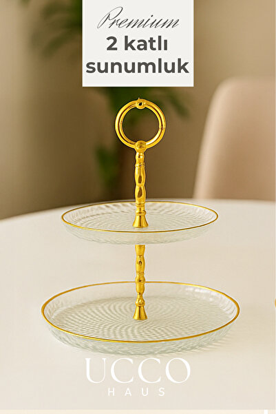 UCCO 2-Tier Aden Premium Luxury Gold Glass Serving Plate | Tea Time Coffee Side Cake Cookies Turkish Delight Stand