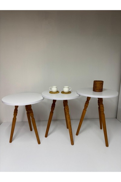 HAMADEX Yuvarlak Zigon Sehpa Takımı 3’lü Beyaz Modern 1. Sinif MDF Sehpa Seti...