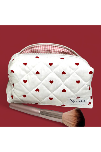 nartella Love Heart Series Heart Patterned Quilted Large Makeup Bag – Pink Lining, Washable