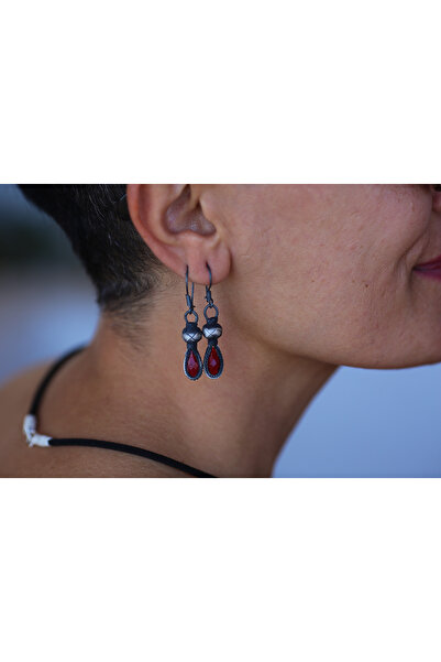 KAZZAZE Kırmızı Zirkon Taş Detaylı Oksitli Gümüş Kazaziye Otantik Tarzda Sall...