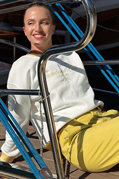 Le'sluette shadow of style Kadın Snowboard Nakış Detaylı Triko Bisiklet Yaka Oversize Sweatshirt Ekru