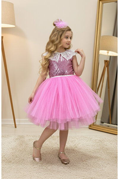 ABİYEKİDS Dantel Yaka Detaylı Pullu Pembe Çocuk Abiye 23Nisan Gösteri Elbisesi