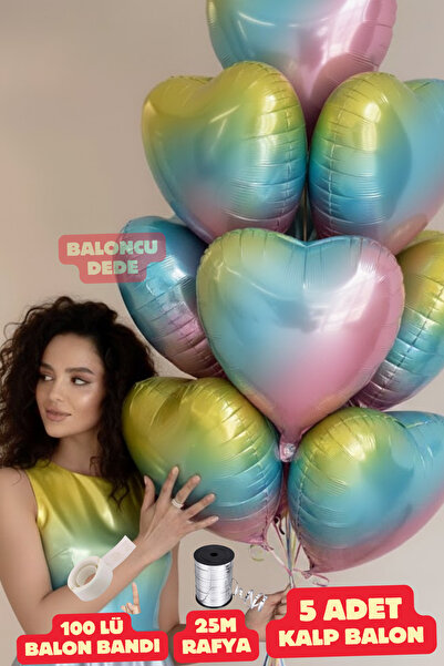 Baloncu Dede Gökkuşağı Kalpli Folyo Balon 5 Adet Helyum Uyumlu Balon Sevgili ...