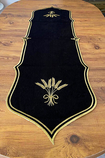NAKIŞHAN Başak Kadife Özel Nakışlı Runner-Siyah/Gold