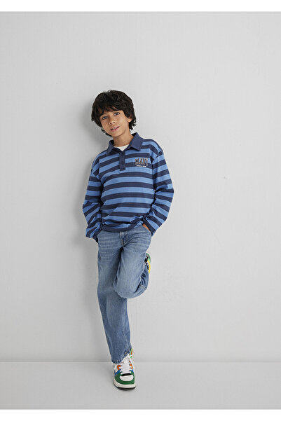 Mavi Çizgili Polo Tişört Loose Fit / Bol Rahat Kesim 6610353-89154