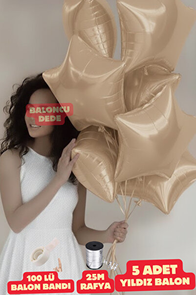 Baloncu Dede Bej Yıldız Folyo Balon 5 Adet Helyum Uyumlu Balon Sevgili ve Öze...