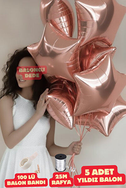 Baloncu Dede Rose Gold Yıldız Folyo Balon 5 Adet Helyum Uyumlu Balon Sevgili ...