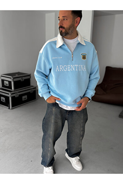 BYBASICMAN Açık Mavi Argentina Nakışlı Oversize Sweatshirt ES-71-80