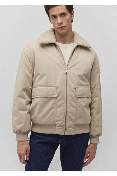 Mavi Dik Yaka Bej Bomber Ceket Oversize / Geniş Kesim 0110465-86559