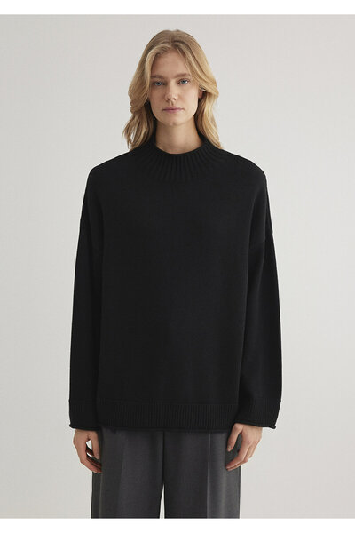 Mavi Dik Yaka Siyah Kazak Oversize / Geniş Kesim 1710603-900