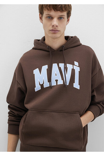 Mavi Logo Baskılı Kapüşonlu Kahverengi Sweatshirt 067149-88067