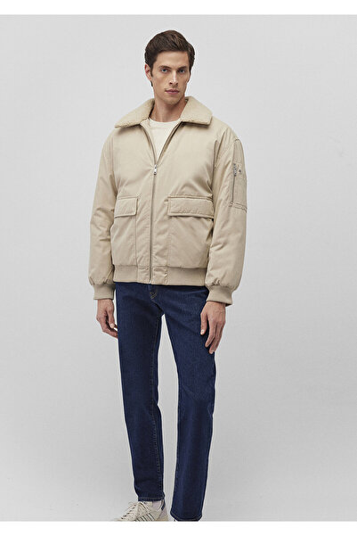 Mavi Dik Yaka Bej Bomber Ceket Oversize / Geniş Kesim 0110465-86559