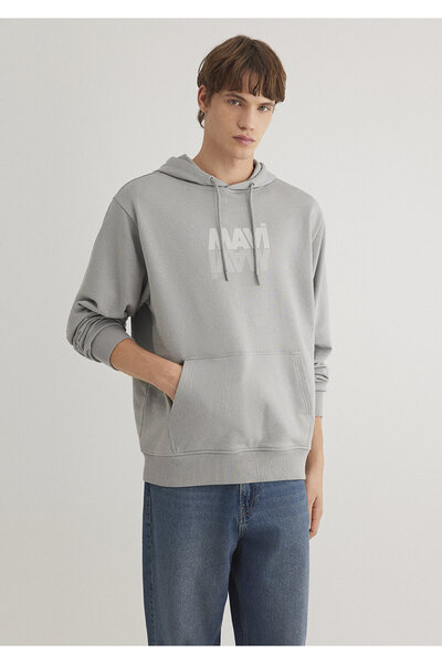 Mavi Logo Baskılı Kapüşonlu Gri Sweatshirt 0611317-70103