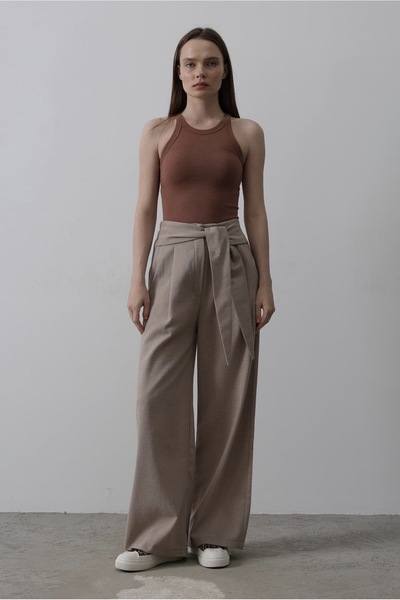 Butik Bel Detaylı Keten Dokuma Pantolon - Vizon