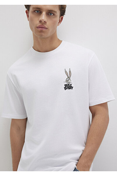 Mavi Bugs Bunny Baskılı Beyaz Tişört Loose Fit / Bol Rahat Kesim 0610636-620