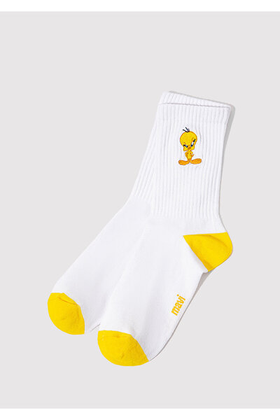 Mavi Tweety Nakışlı Beyaz Soket Çorap 1910859-620
