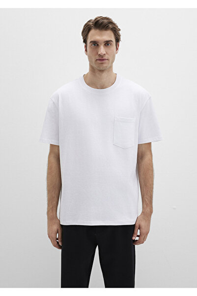 Mavi Cep Detaylı Beyaz Basic Tişört Loose Fit / Bol Rahat Kesim 066248-620
