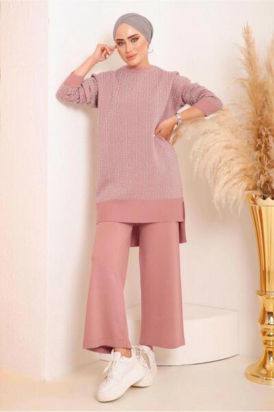 TRENDTESETTÜR Women's Powder Patterned Pants Knitwear Suit 4592