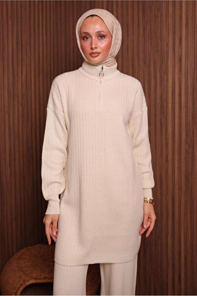 TRENDTESETTÜR Women's Ecru Tricot Suit with Pants t 5207