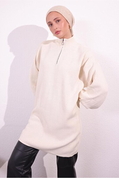 TRENDTESETTÜR Women's Ecru Zippered Knitwear Sweater t 8609