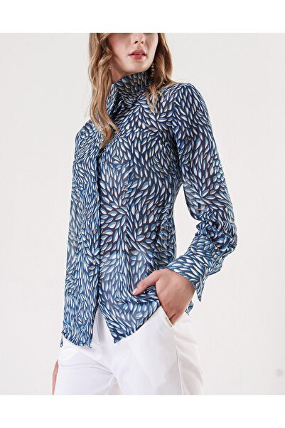 SOCIETA Mavi Lacivert Baskılı şifon gömlek 10819