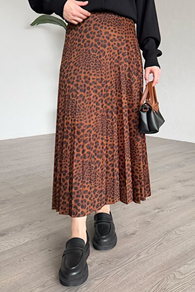 InStyle Leopar Desenli Piliseli Kahverengi Etek