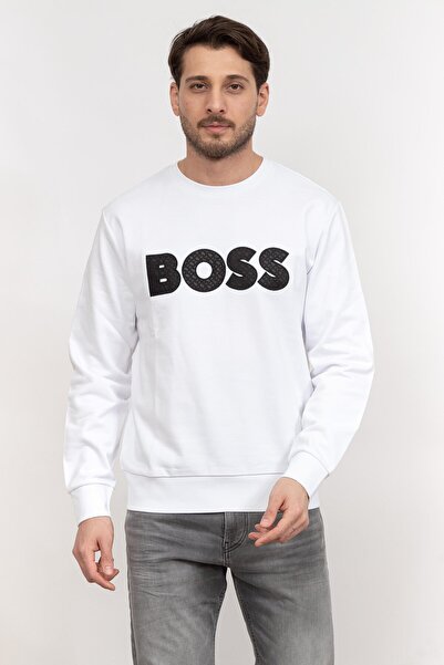 BOSS Erkek Marka Logolu Yuvarlak Yaka Uzun Kollu Beyaz Sweatshirt 50494091-100