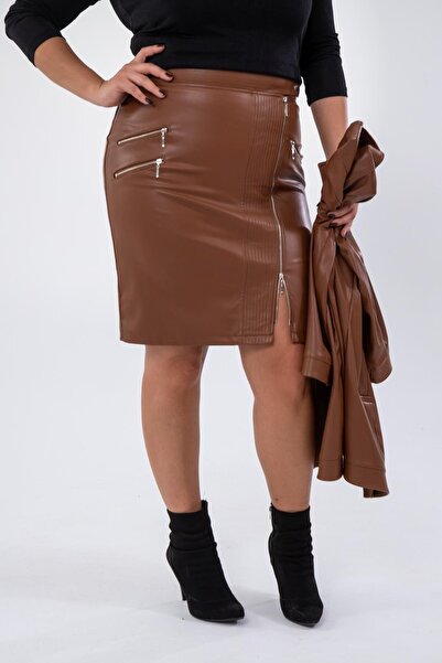 Roxxlen Γυναικεία φούστα μεγάλου μεγέθους με λεπτομέρεια με φερμουάρ από συνθετικό δέρμα μαύρισμα