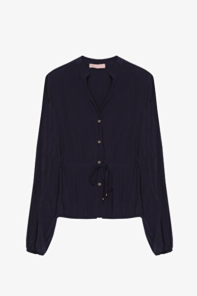 Quzu Wrinkled Textured Waist Lace-Up Buttoned Shirt Navy Blue