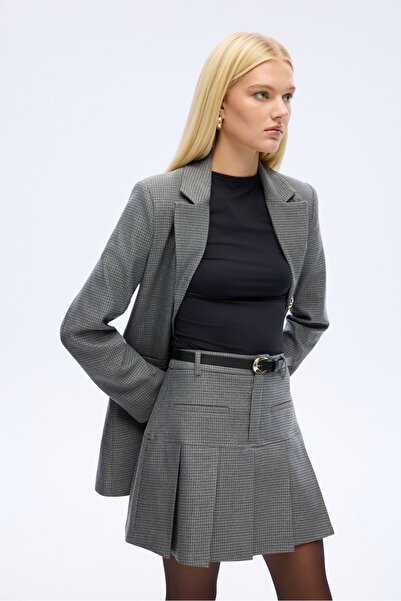 Quzu Kazayağı Desenli Kemerli Mini Etek Gri