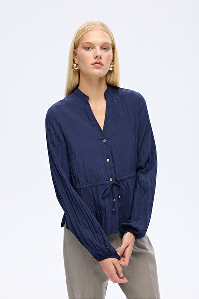 Quzu Wrinkled Textured Waist Lace-Up Buttoned Shirt Navy Blue